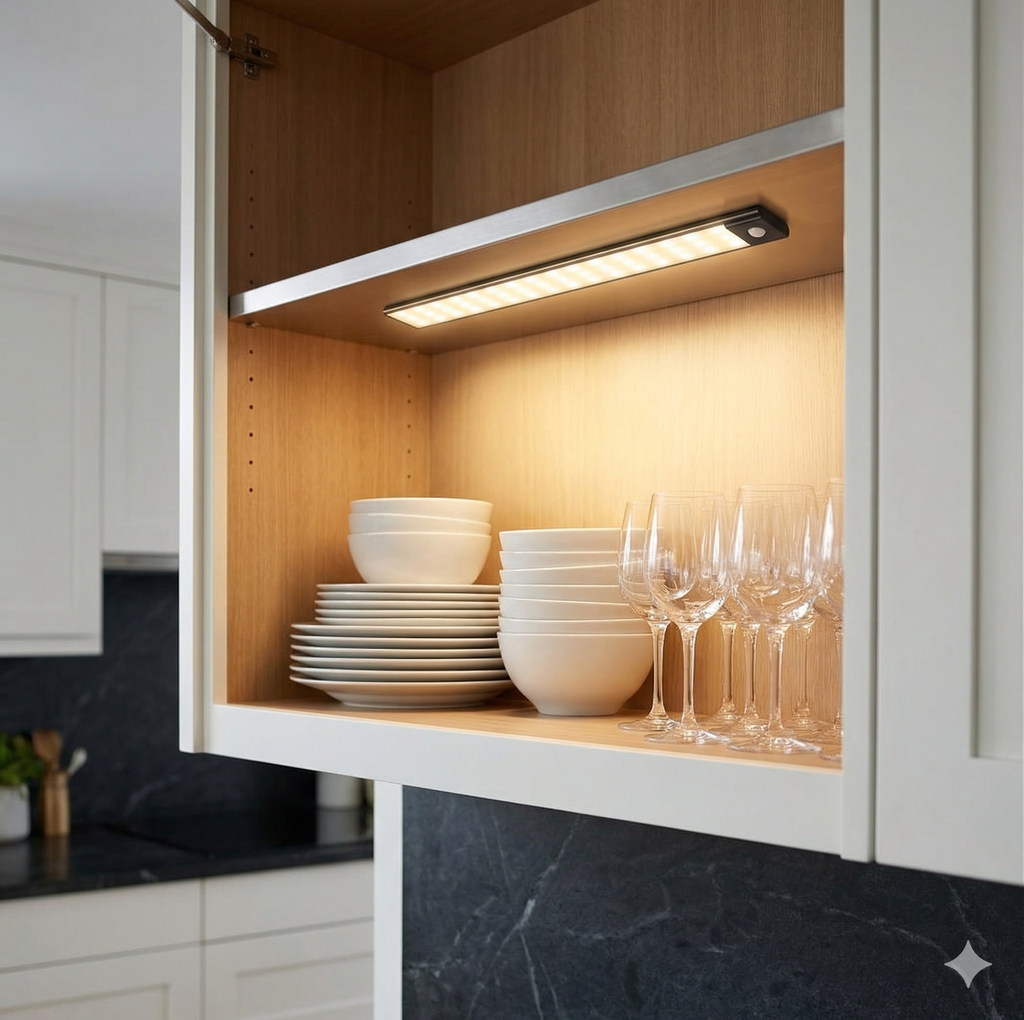 LED cabinet light with motion sensor – Cordless, rechargeable, dimmable, 3 light colours – For kitchen, wardrobe & hallway