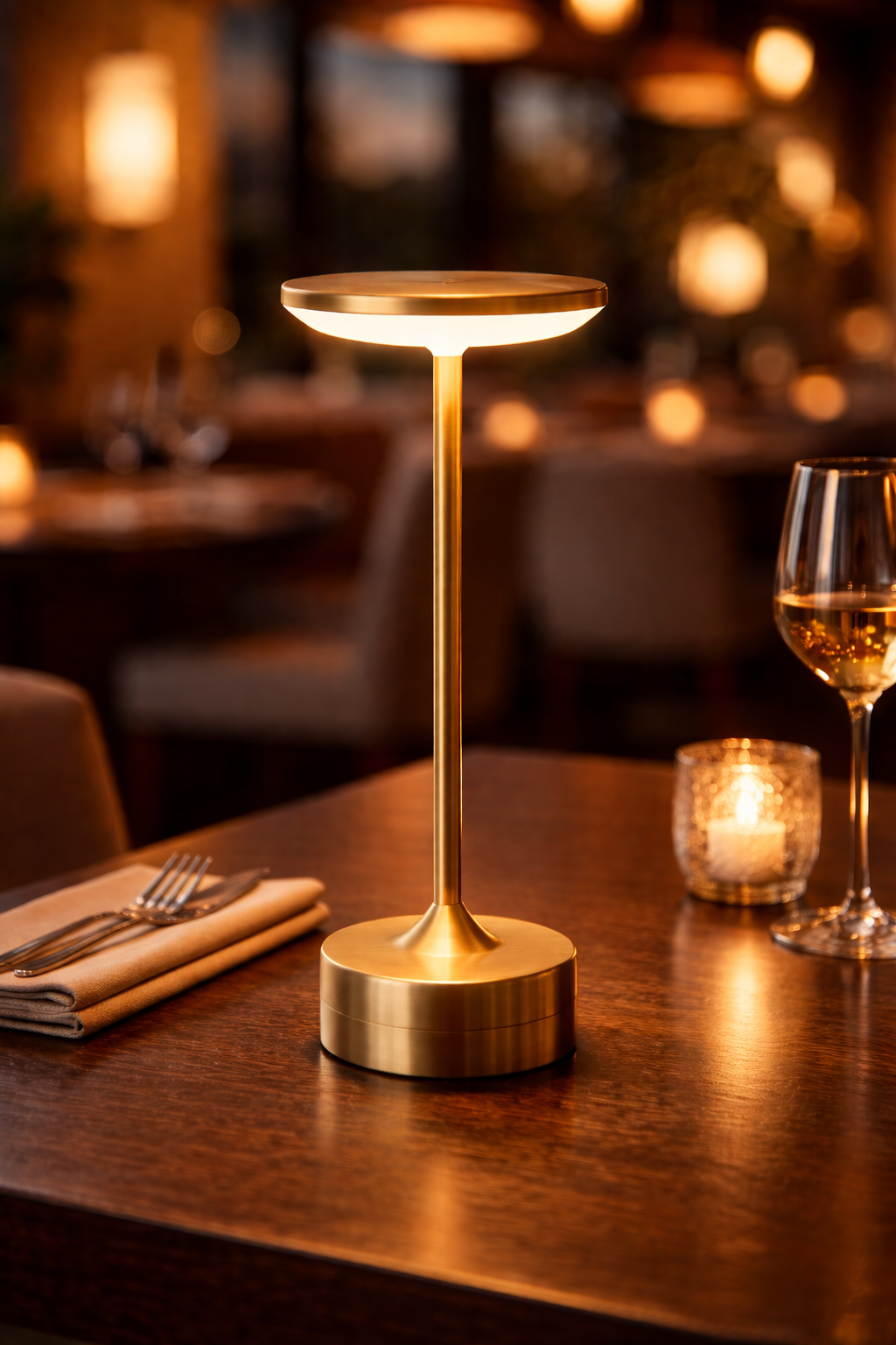 Kabellose LED Tischlampe Gold – Dimmbar, Wiederaufladbar, Touch-Steuerung – Ideal für Restaurant, Bar & Zuhause