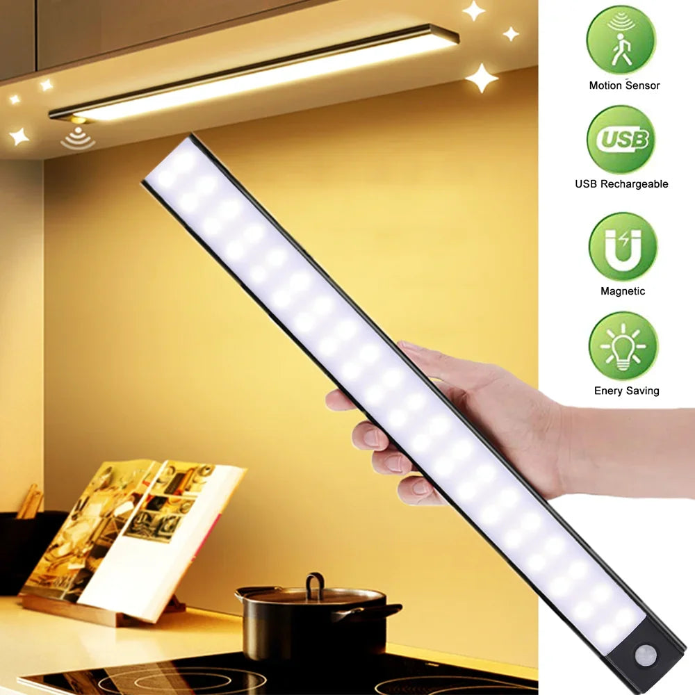 LED cabinet light with motion sensor – Cordless, rechargeable, dimmable, 3 light colours – For kitchen, wardrobe & hallway
